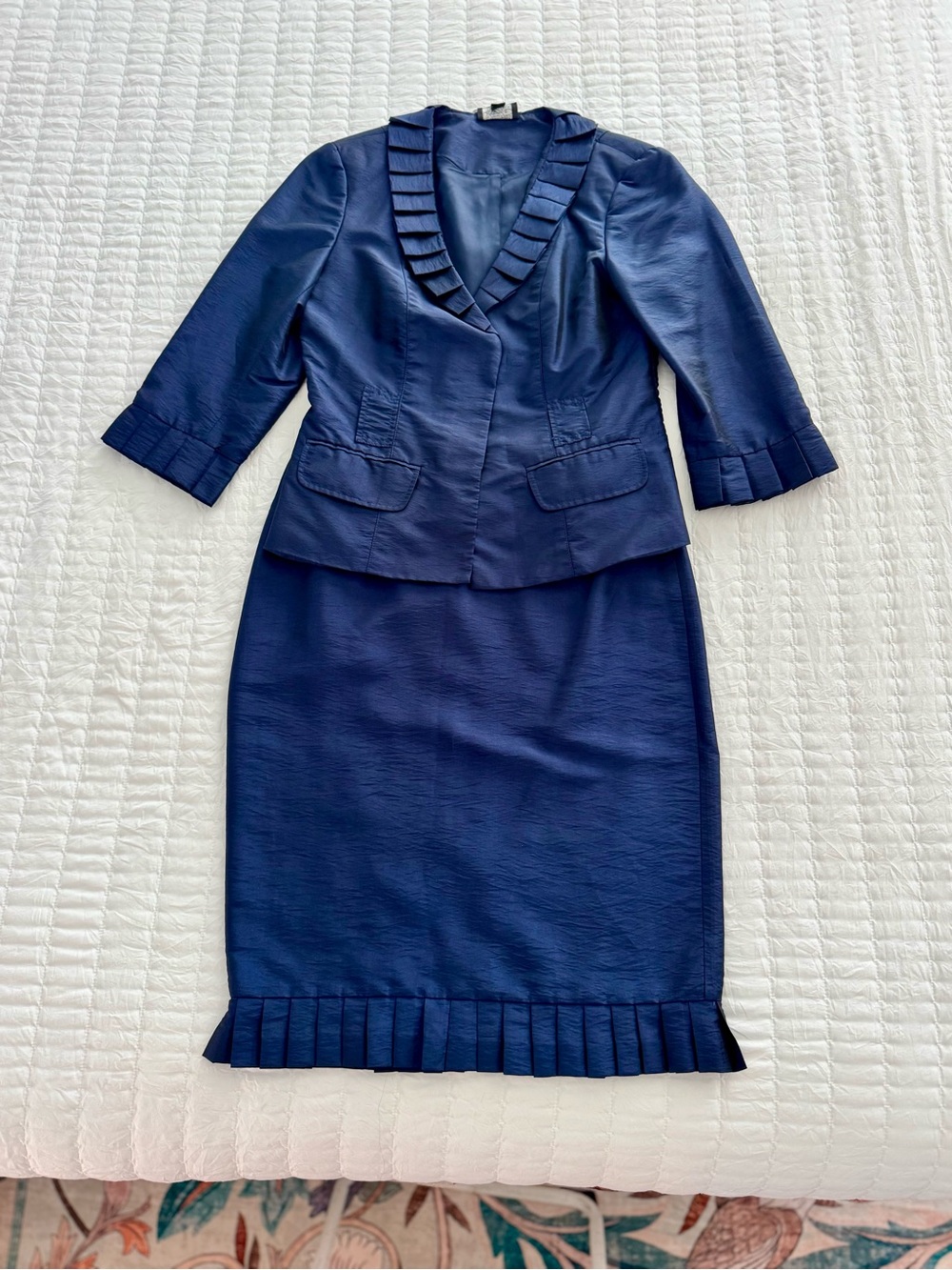 Yvonne LaFleur New Orleans Vintage Navy Blue Pleated Ruffle Skirt Suit Set Sz 8